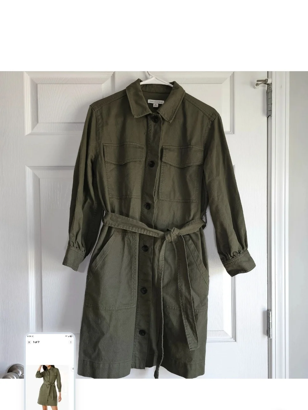 Utility Military Mini Dress Womens Olive Green Belted Button Pockets Cotton M